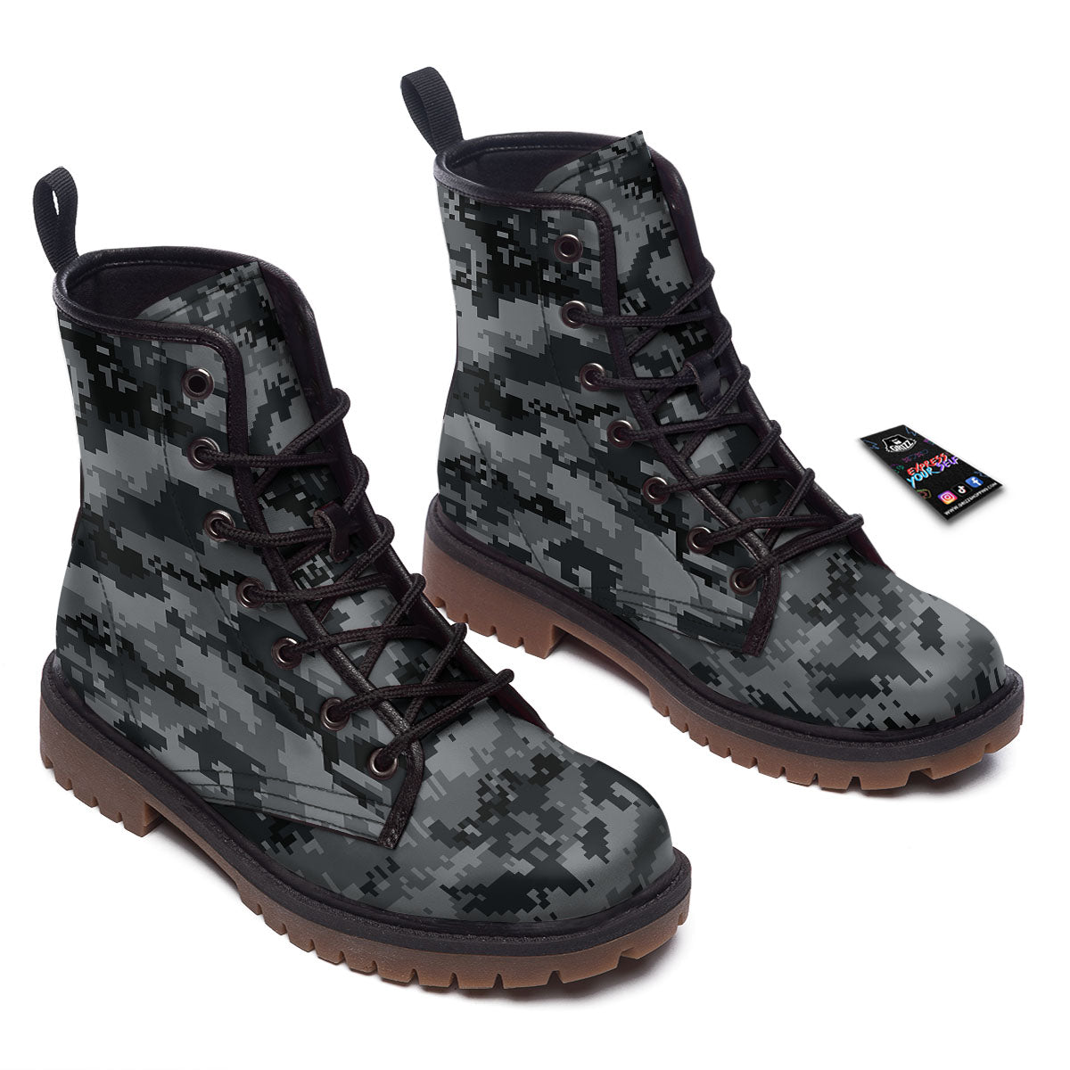 Digital Camo Grey And Black Print Work Boots-grizzshop