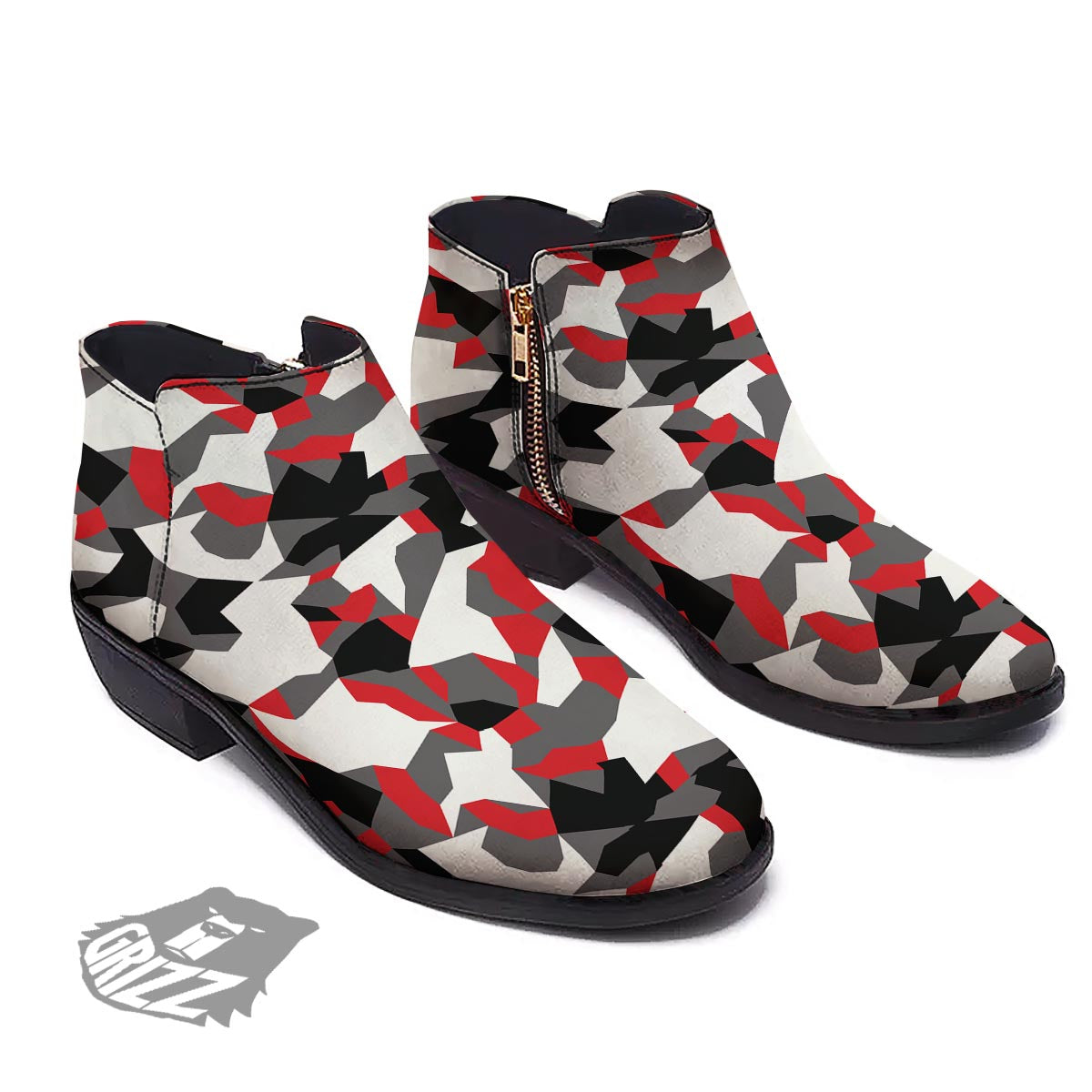 Digital Camo Grey And Red Print Pattern Ankle Boots-grizzshop