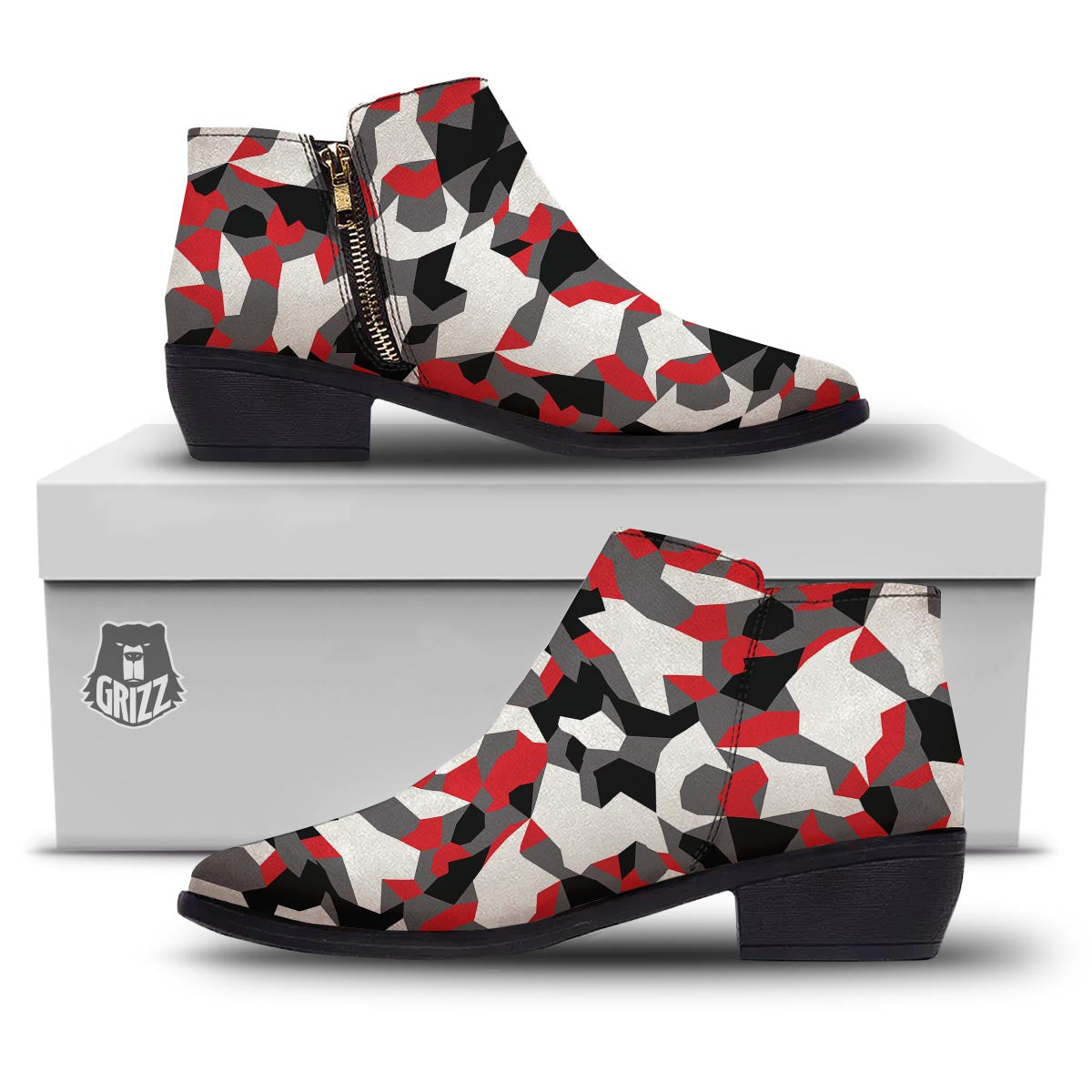 Digital Camo Grey And Red Print Pattern Ankle Boots-grizzshop