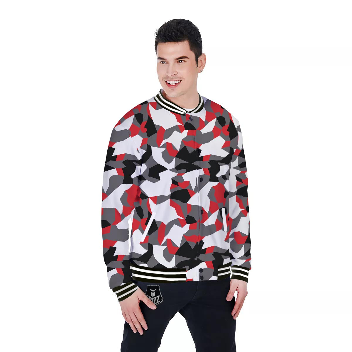 Digital Camo Grey And Red Print Pattern Baseball Jacket-grizzshop