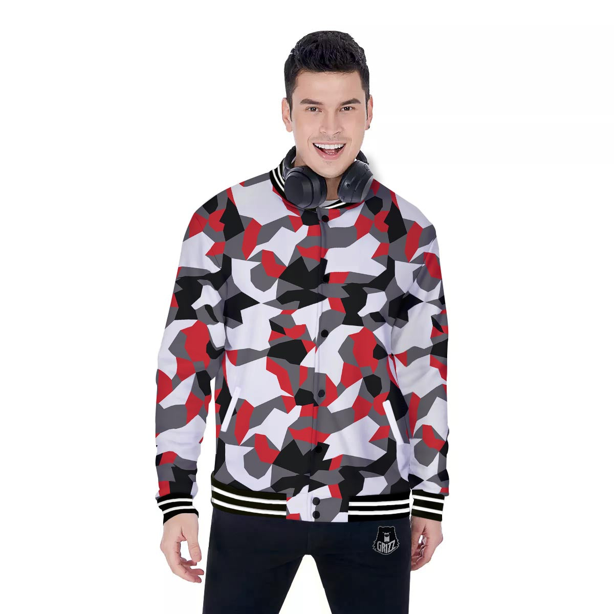 Digital Camo Grey And Red Print Pattern Baseball Jacket-grizzshop