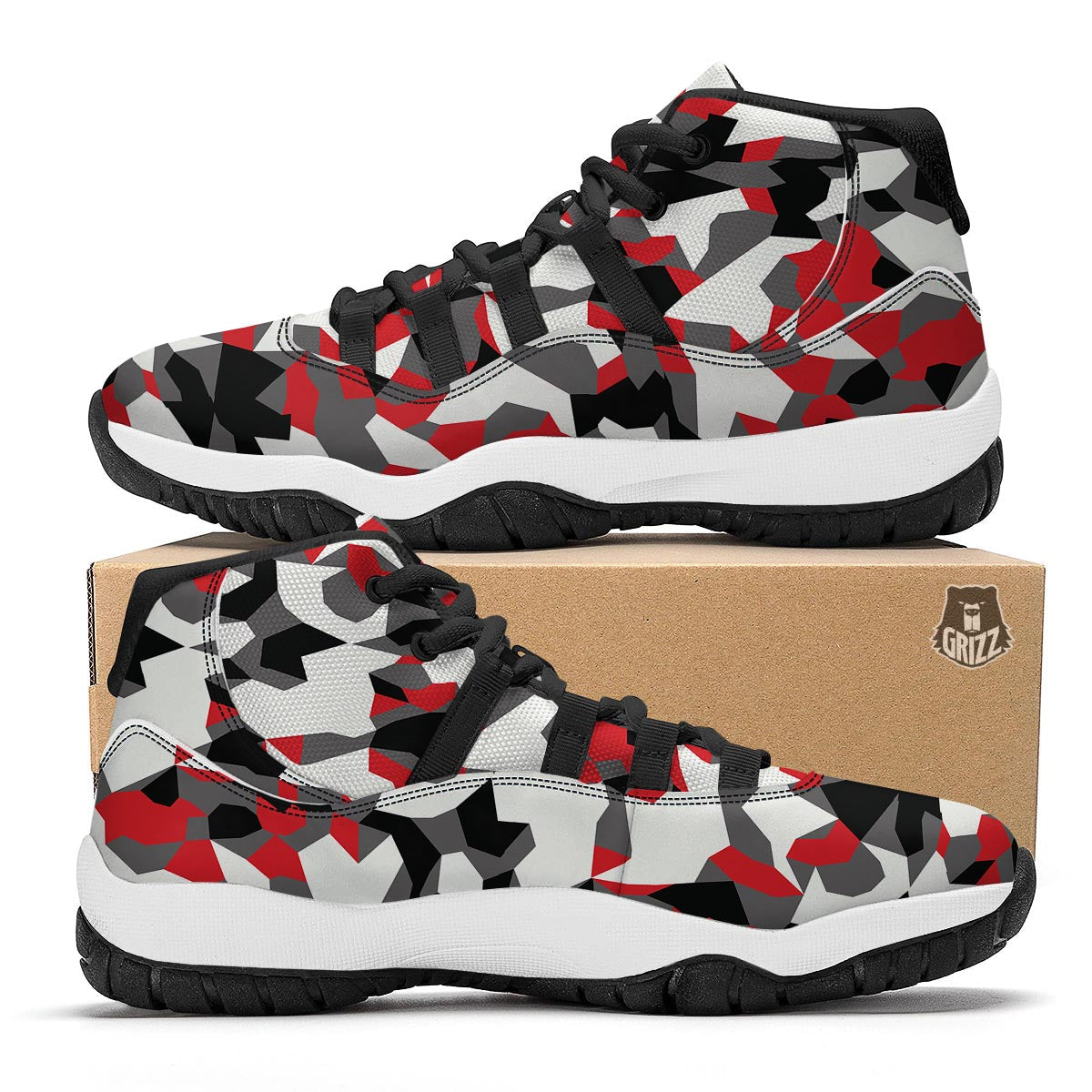 Digital Camo Grey And Red Print Pattern Black Bball Shoes-grizzshop