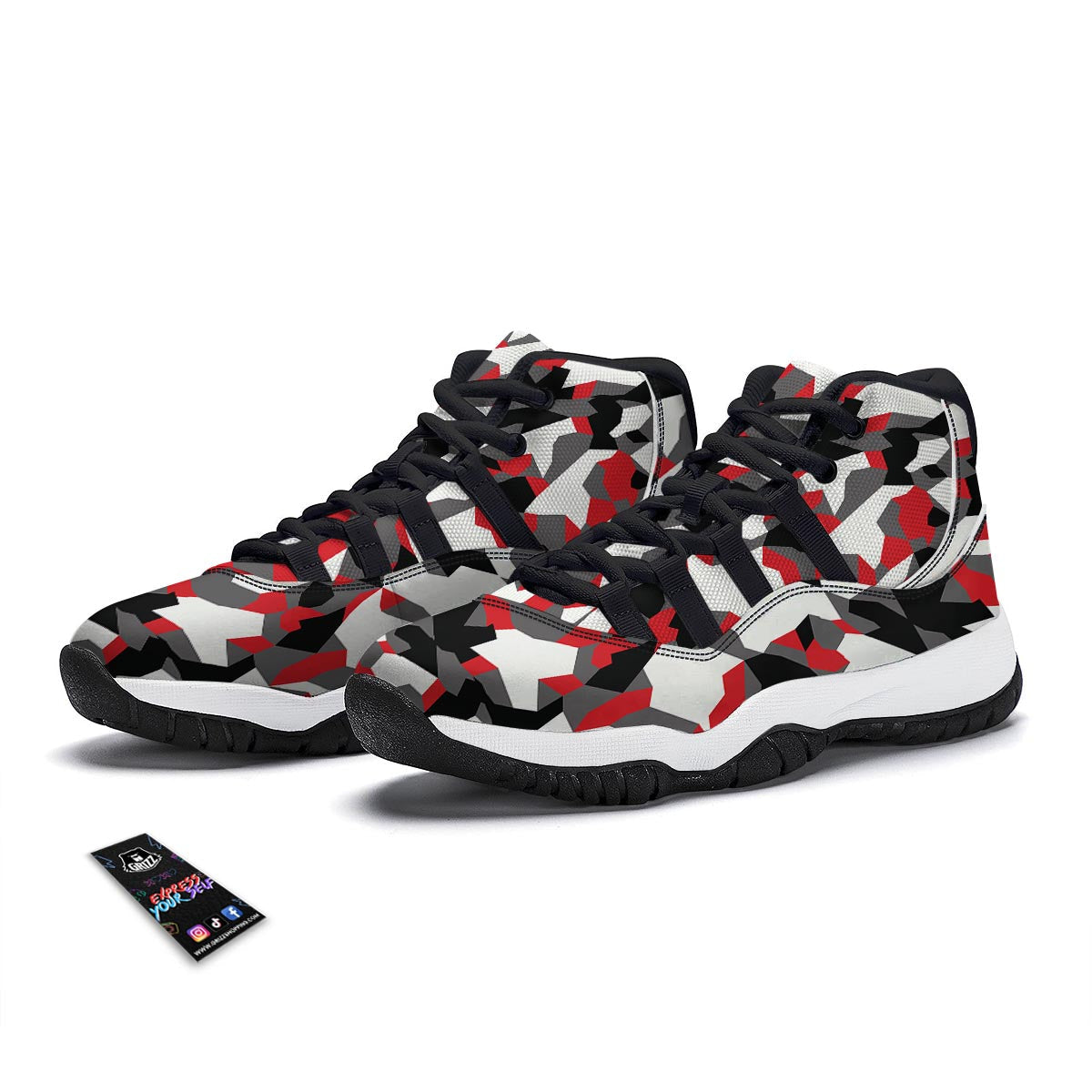 Digital Camo Grey And Red Print Pattern Black Bball Shoes-grizzshop