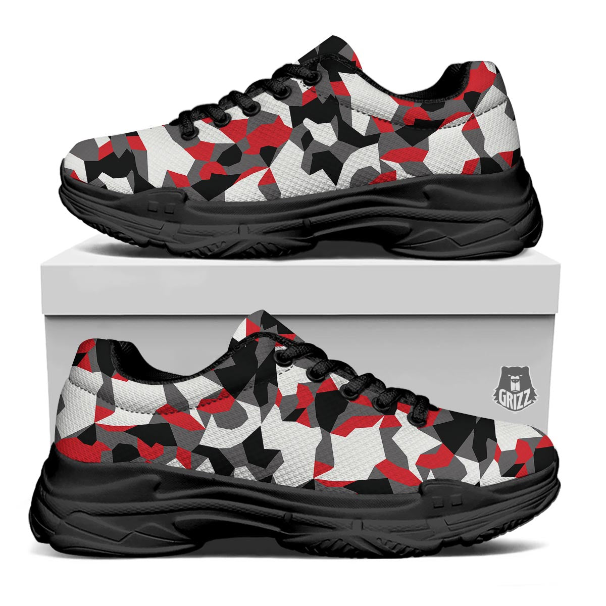 Digital Camo Grey And Red Print Pattern Black Chunky Shoes-grizzshop