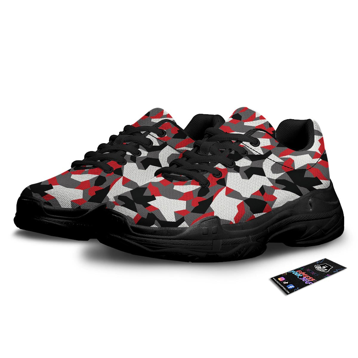 Digital Camo Grey And Red Print Pattern Black Chunky Shoes-grizzshop
