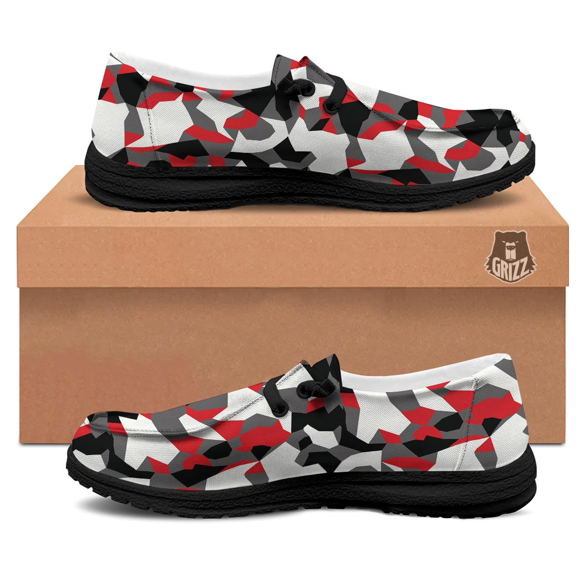 Digital Camo Grey And Red Print Pattern Black Loafers-grizzshop
