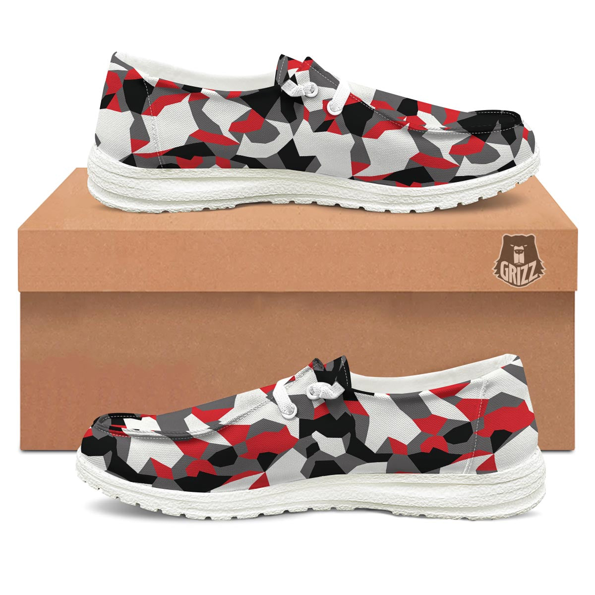 Digital Camo Grey And Red Print Pattern Black Loafers-grizzshop