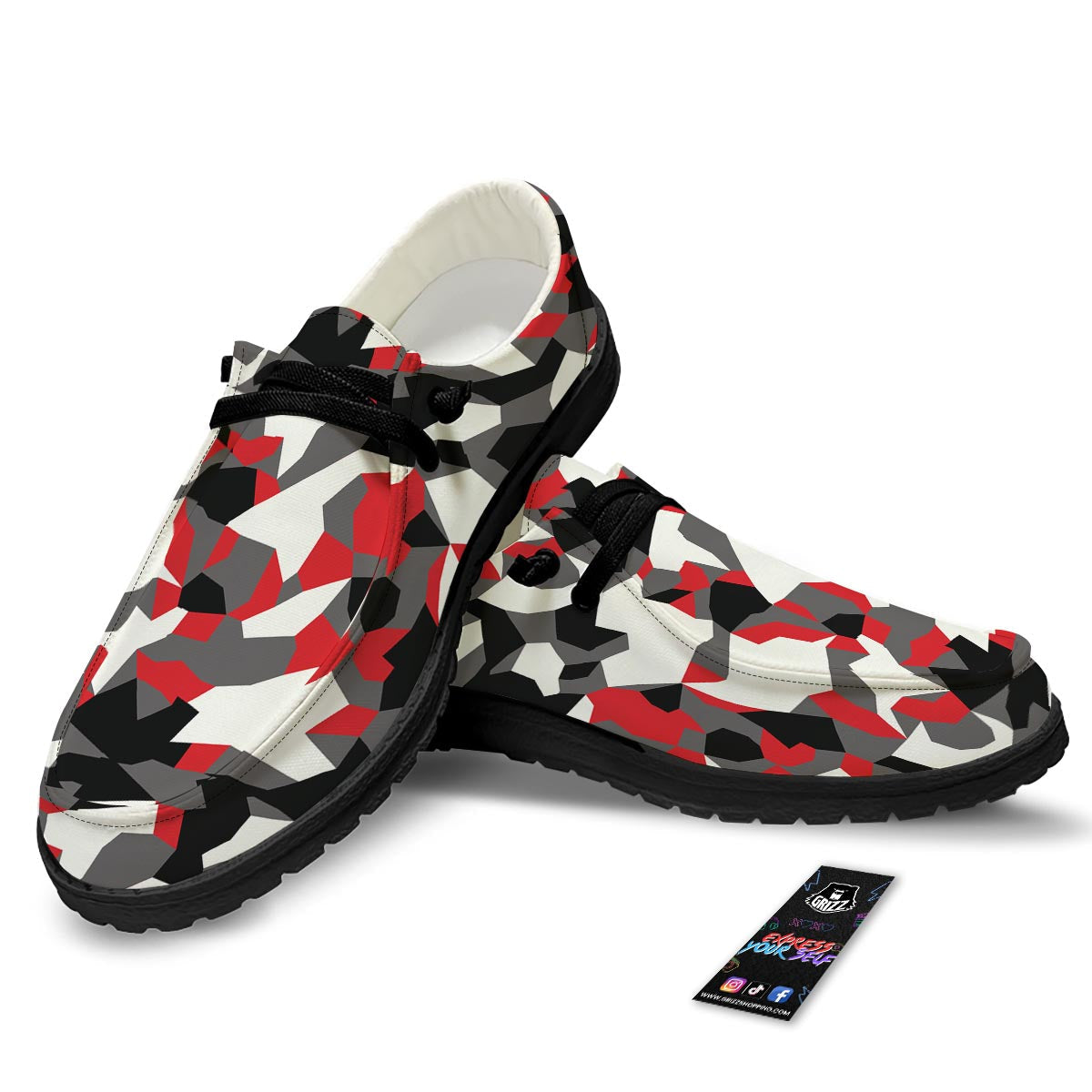 Digital Camo Grey And Red Print Pattern Black Loafers-grizzshop