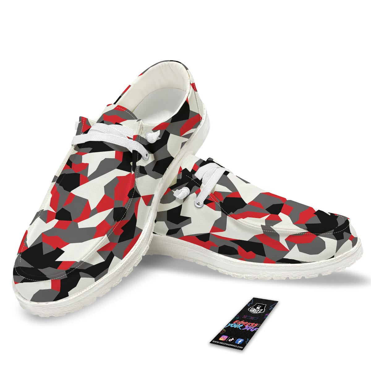 Digital Camo Grey And Red Print Pattern Black Loafers-grizzshop