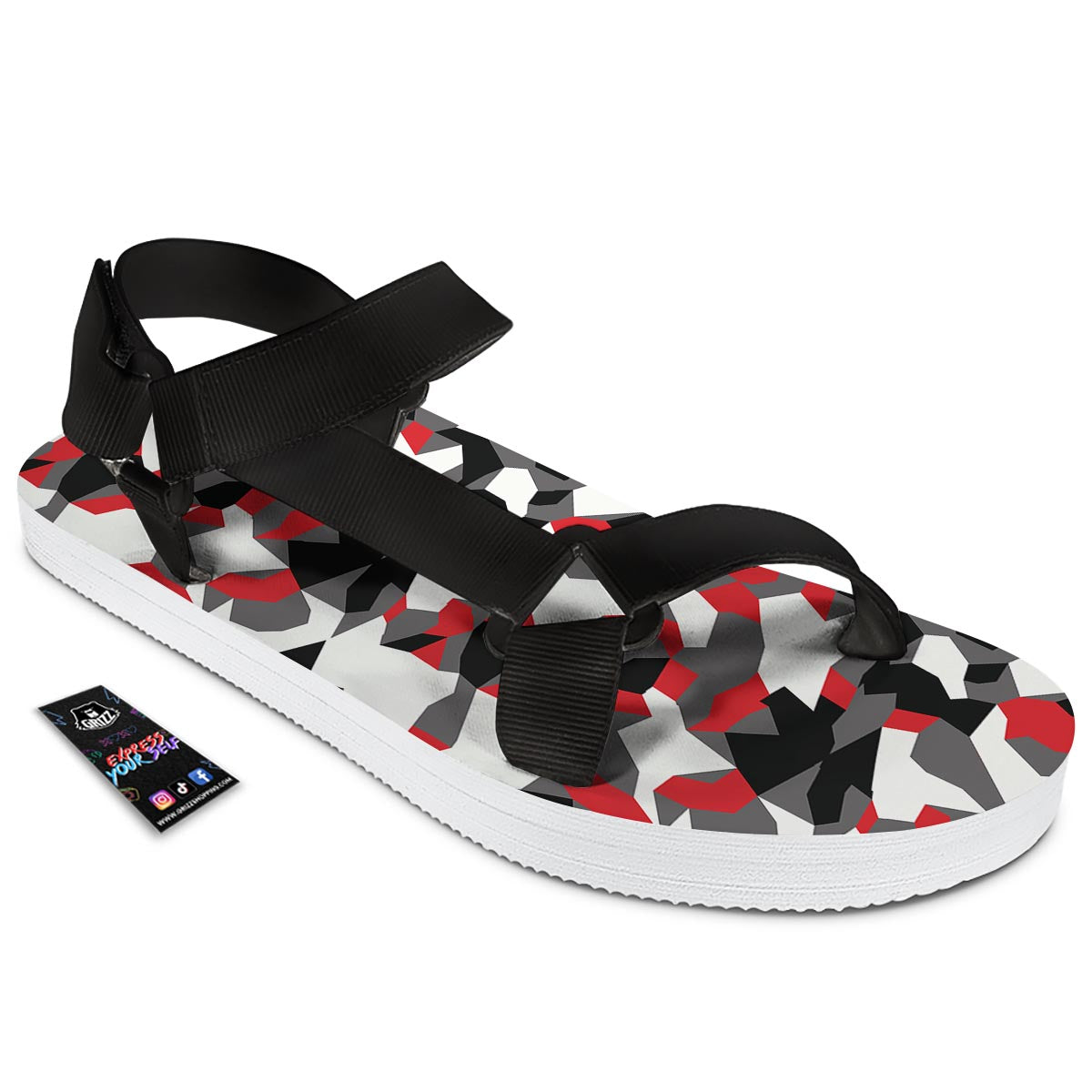 Digital Camo Grey And Red Print Pattern Black Open Toe Sandals-grizzshop