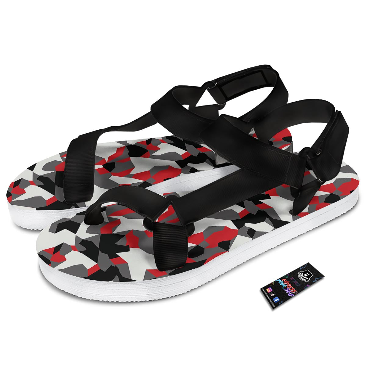 Digital Camo Grey And Red Print Pattern Black Open Toe Sandals-grizzshop