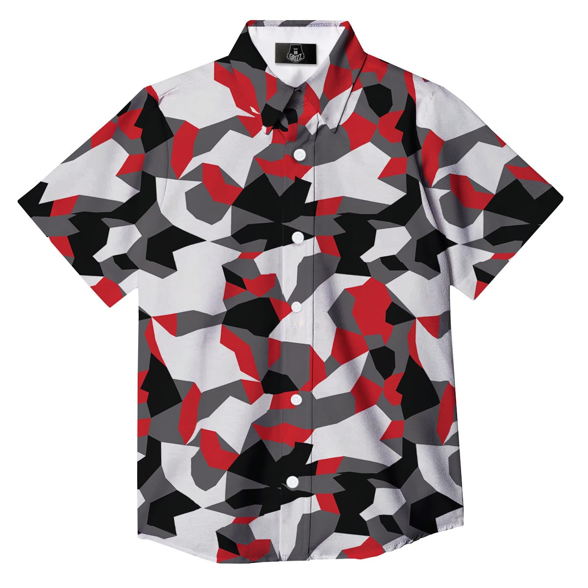 Digital Camo Grey And Red Print Pattern Button Up Shirt-grizzshop
