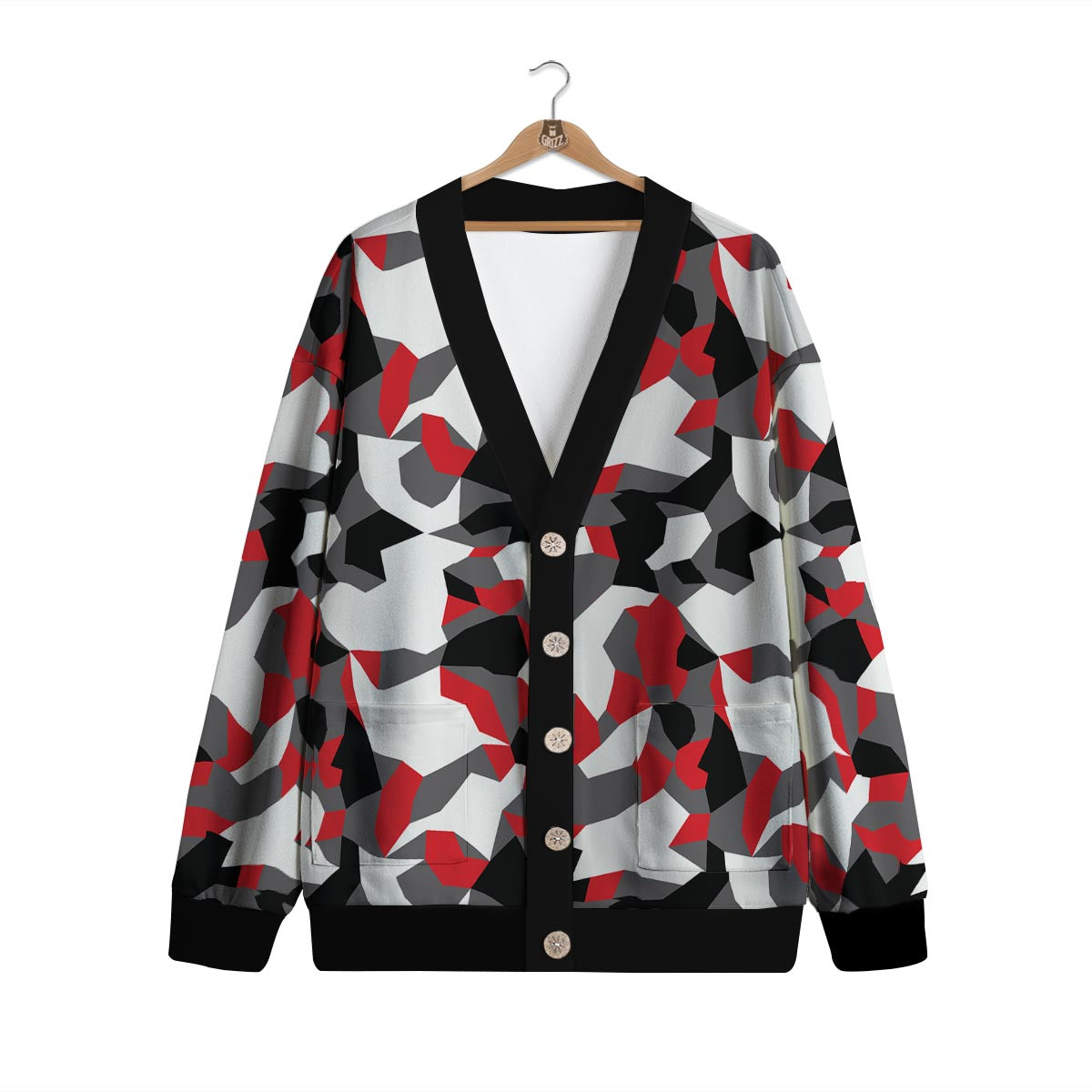Digital Camo Grey And Red Print Pattern Cardigan-grizzshop