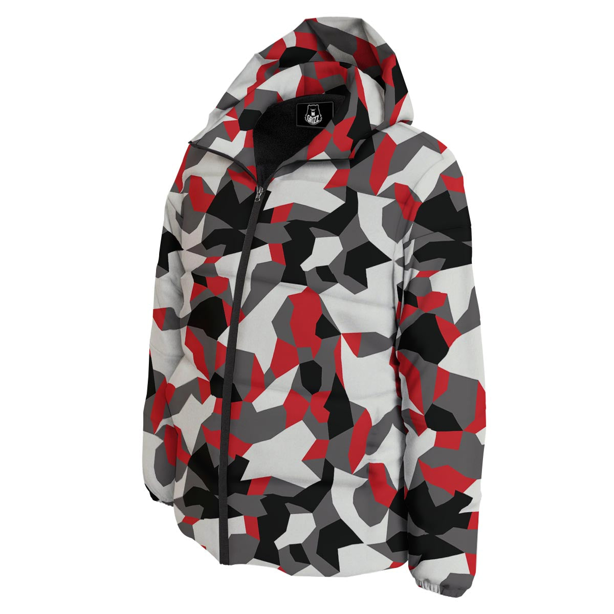 Digital Camo Grey And Red Print Pattern Down Jacket-grizzshop
