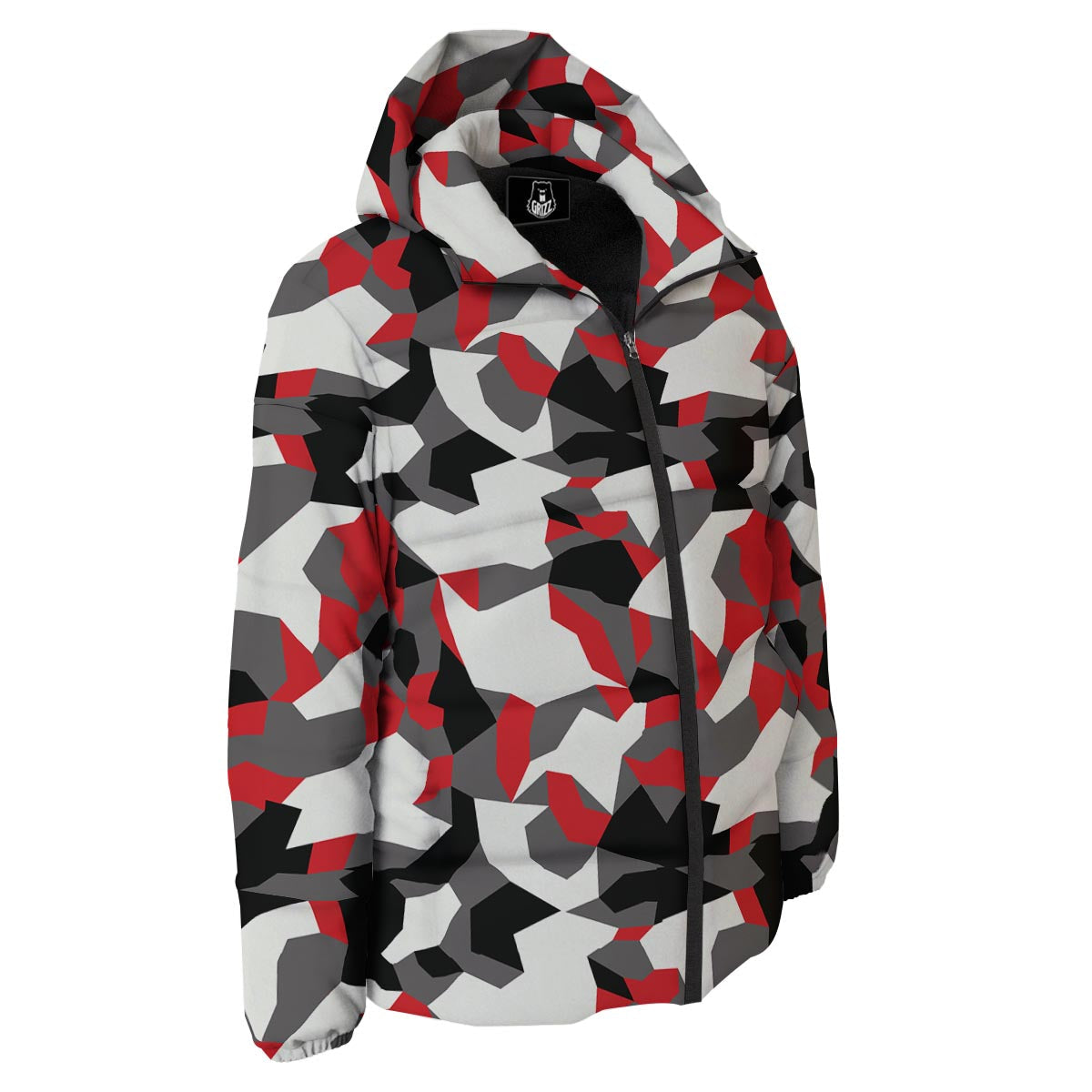Digital Camo Grey And Red Print Pattern Down Jacket-grizzshop