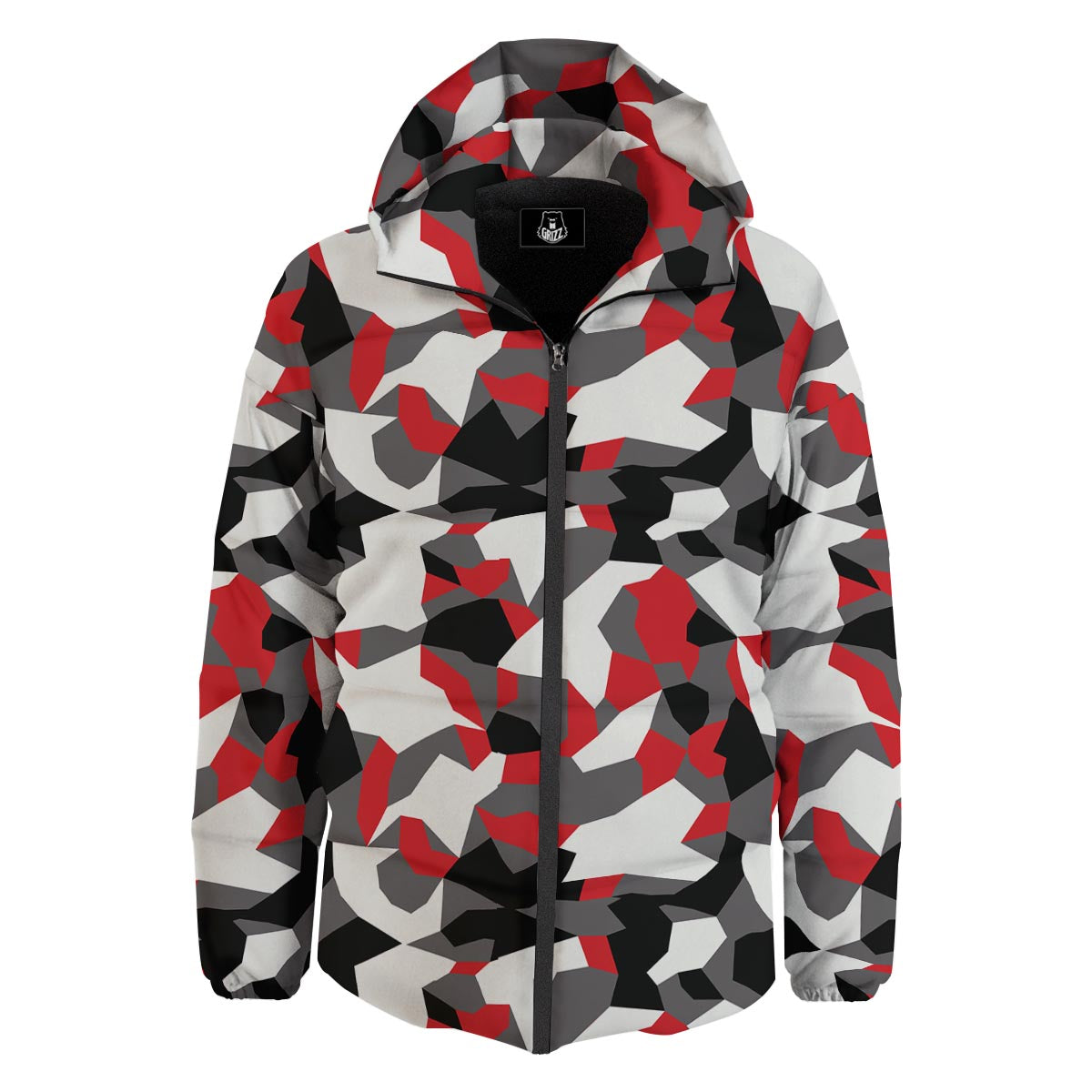 Digital Camo Grey And Red Print Pattern Down Jacket