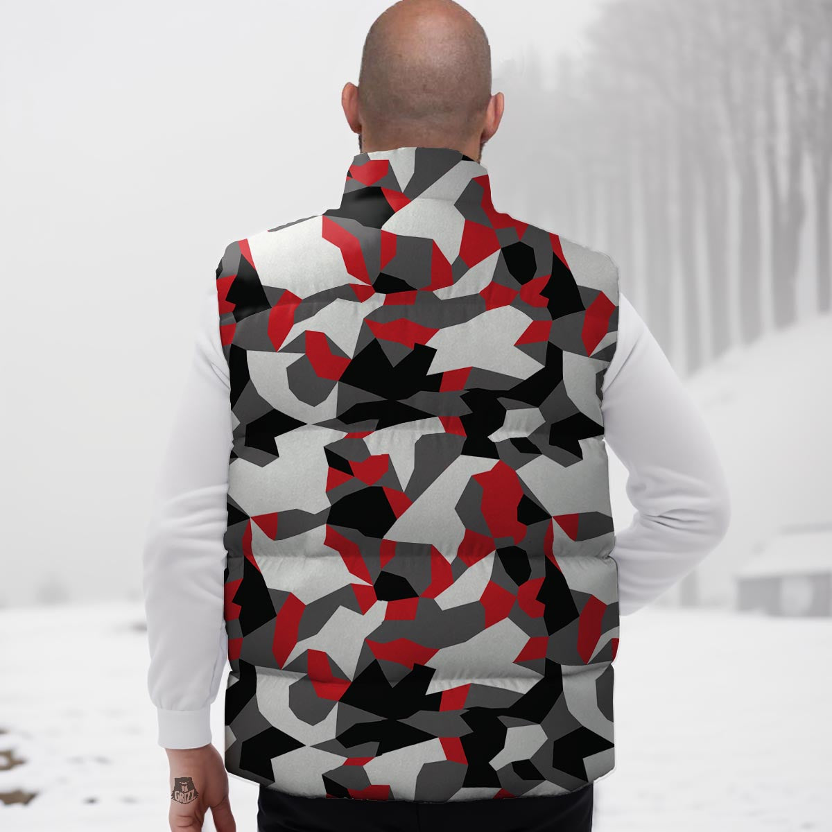 Digital Camo Grey And Red Print Pattern Down Vest