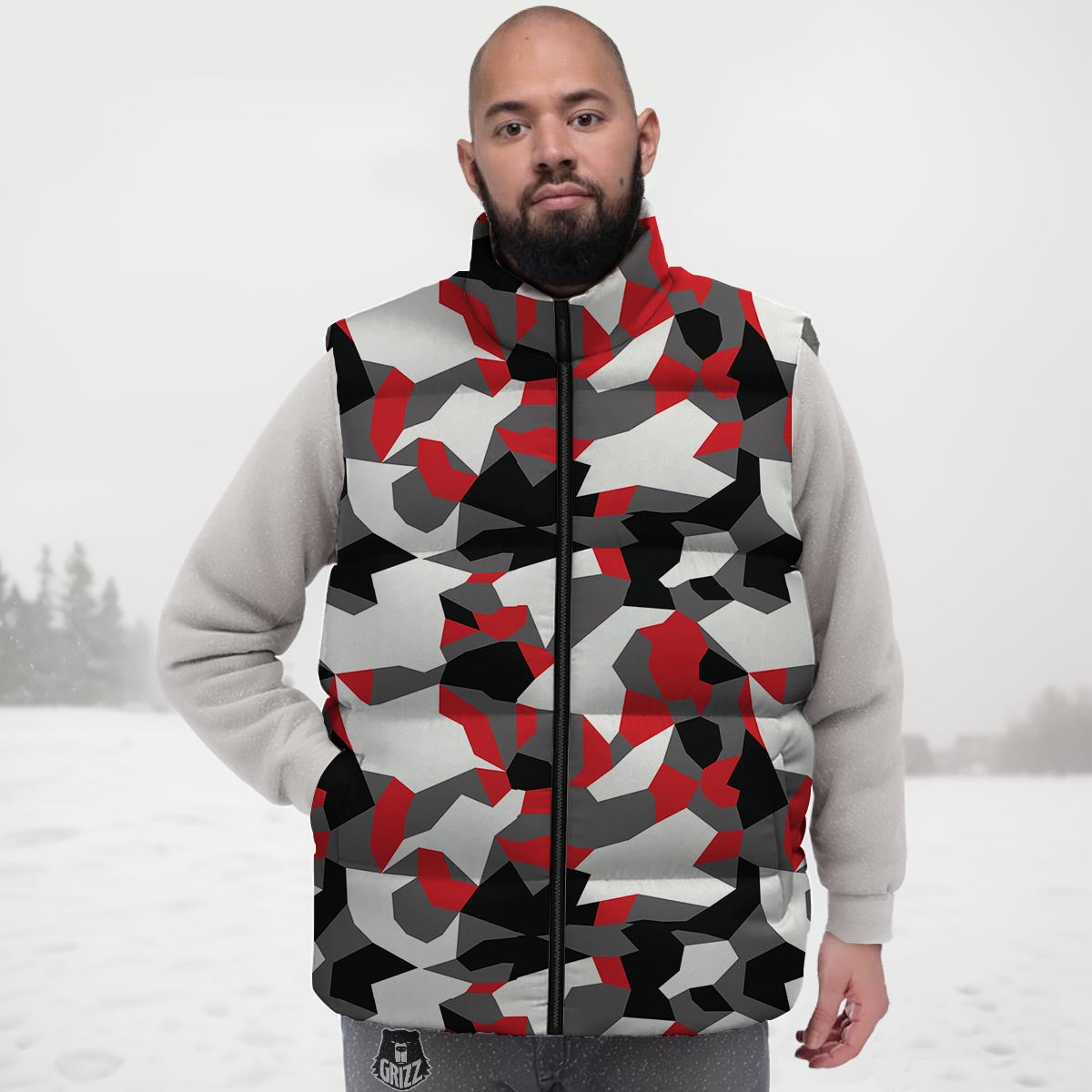 Digital Camo Grey And Red Print Pattern Down Vest
