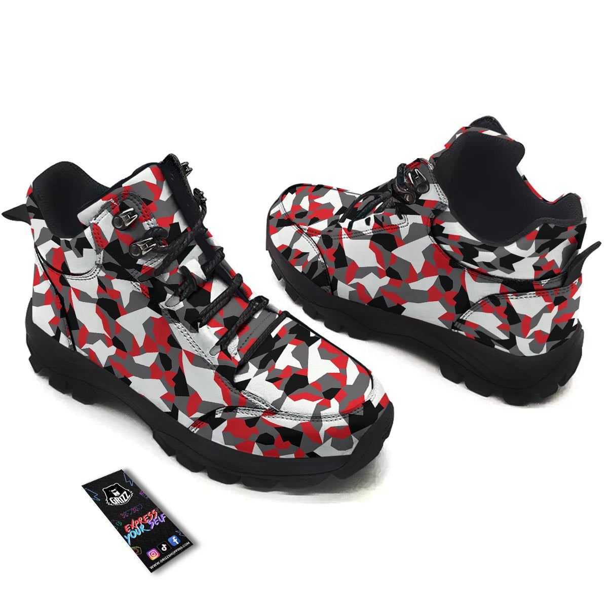Digital Camo Grey And Red Print Pattern Hiking Shoes-grizzshop