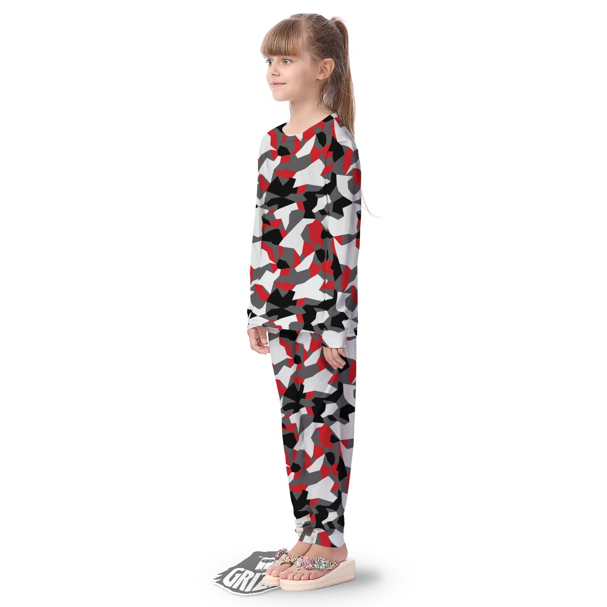 Digital Camo Grey And Red Print Pattern Kid's Pajamas-grizzshop