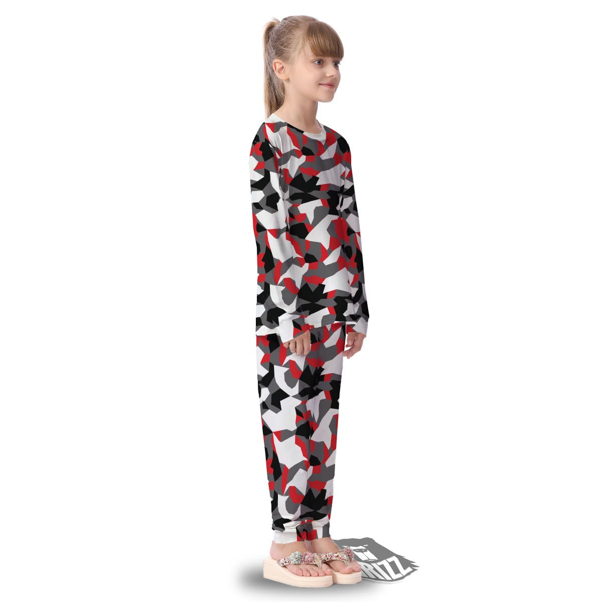 Digital Camo Grey And Red Print Pattern Kid's Pajamas-grizzshop