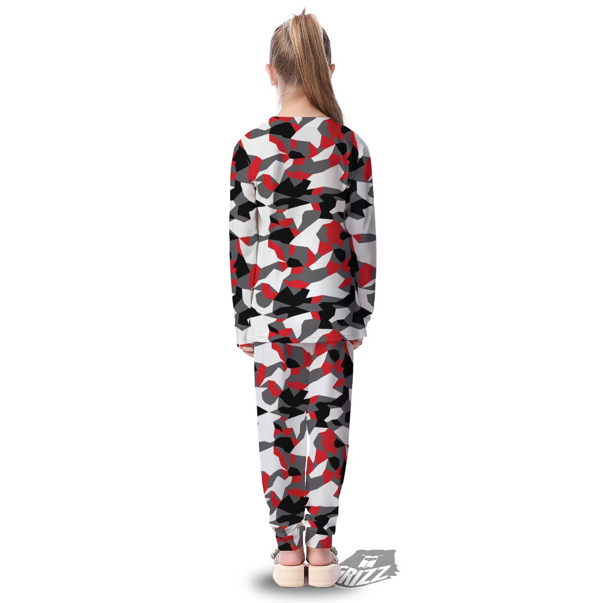 Digital Camo Grey And Red Print Pattern Kid's Pajamas-grizzshop