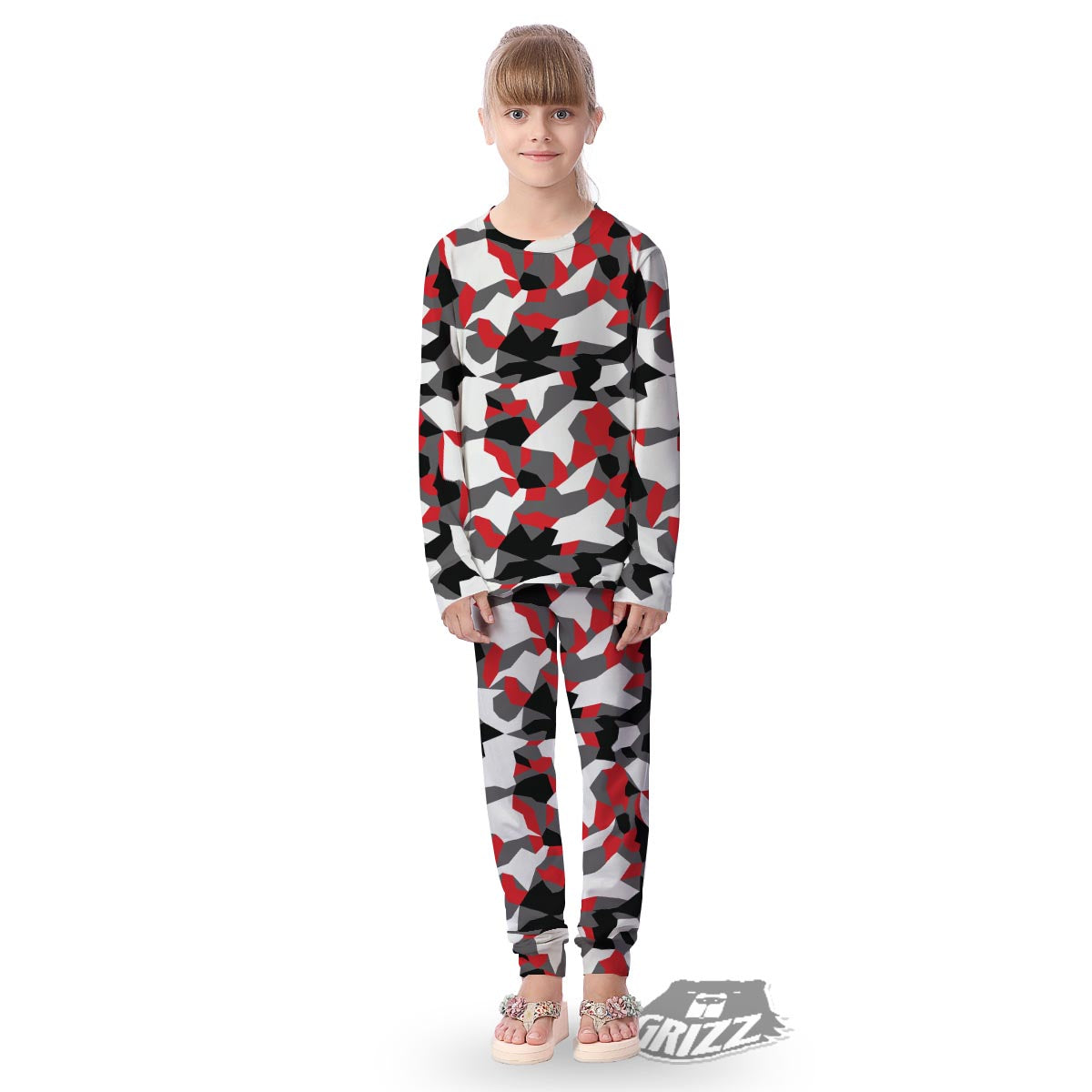 Digital Camo Grey And Red Print Pattern Kid's Pajamas-grizzshop