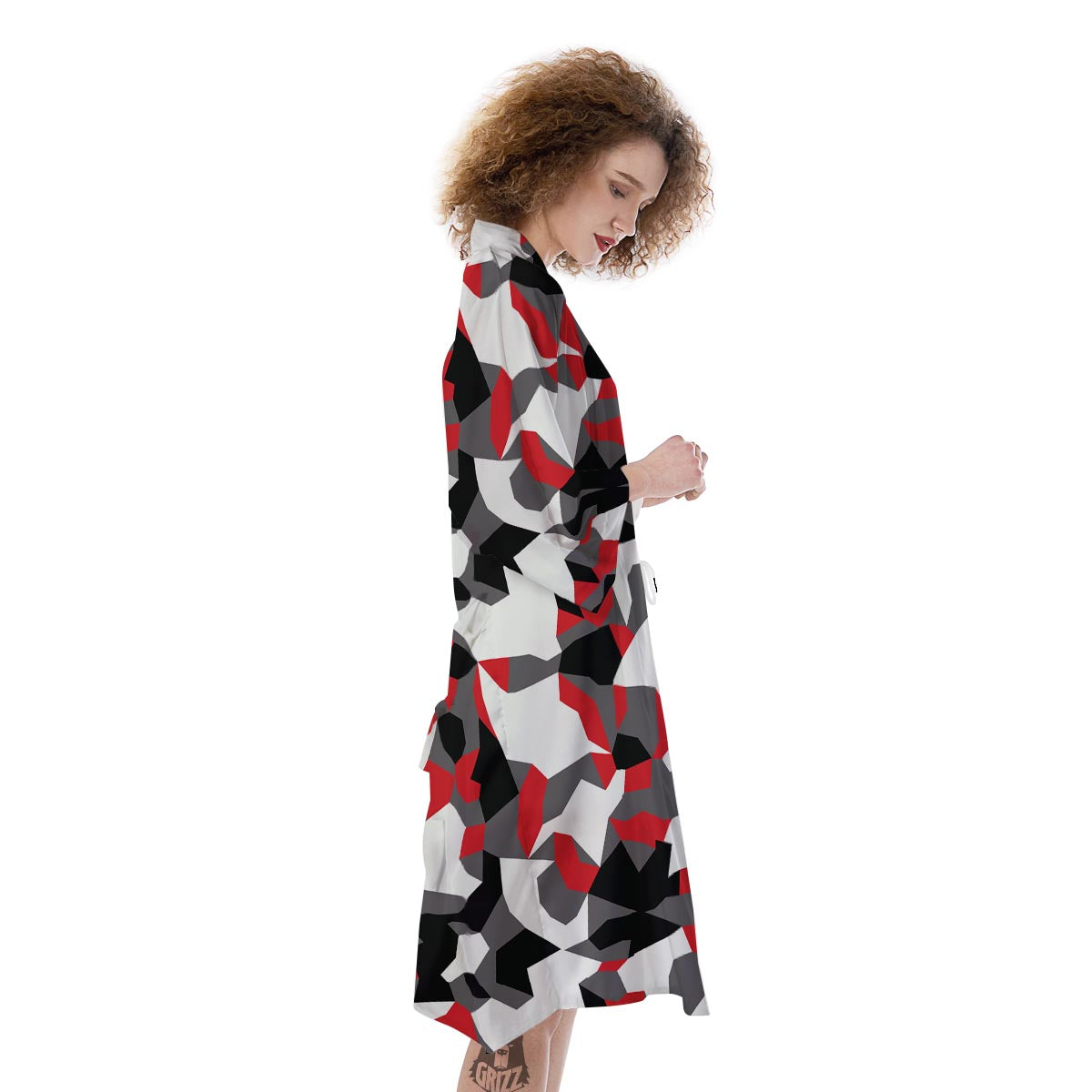 Digital Camo Grey And Red Print Pattern Kimono-grizzshop