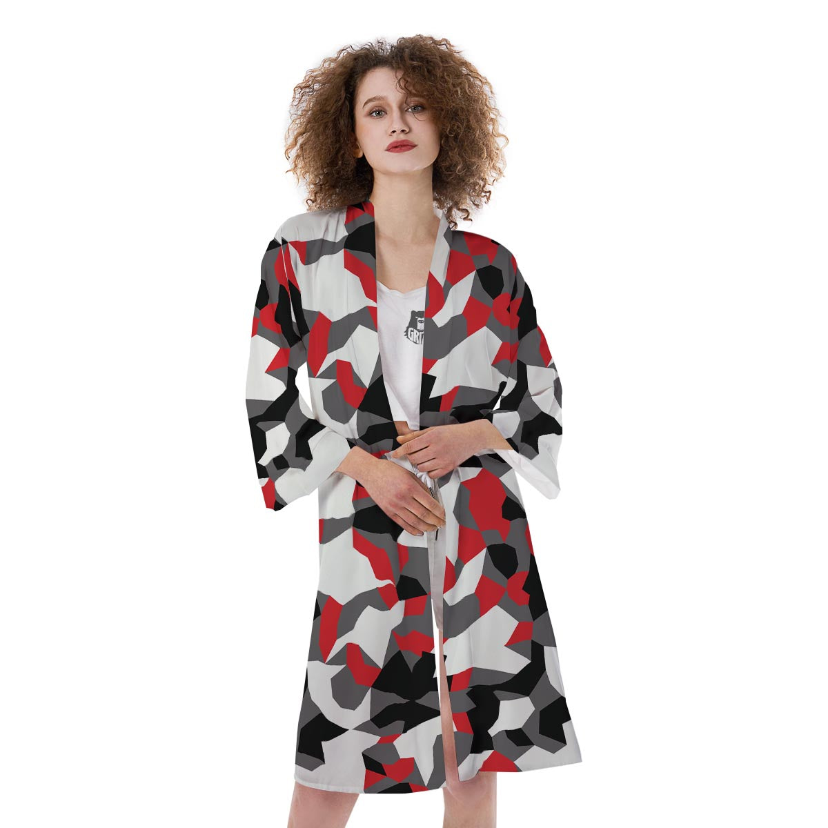 Digital Camo Grey And Red Print Pattern Kimono-grizzshop