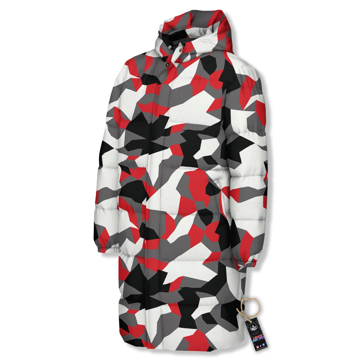 Digital Camo Grey And Red Print Pattern Long Down Jacket-grizzshop
