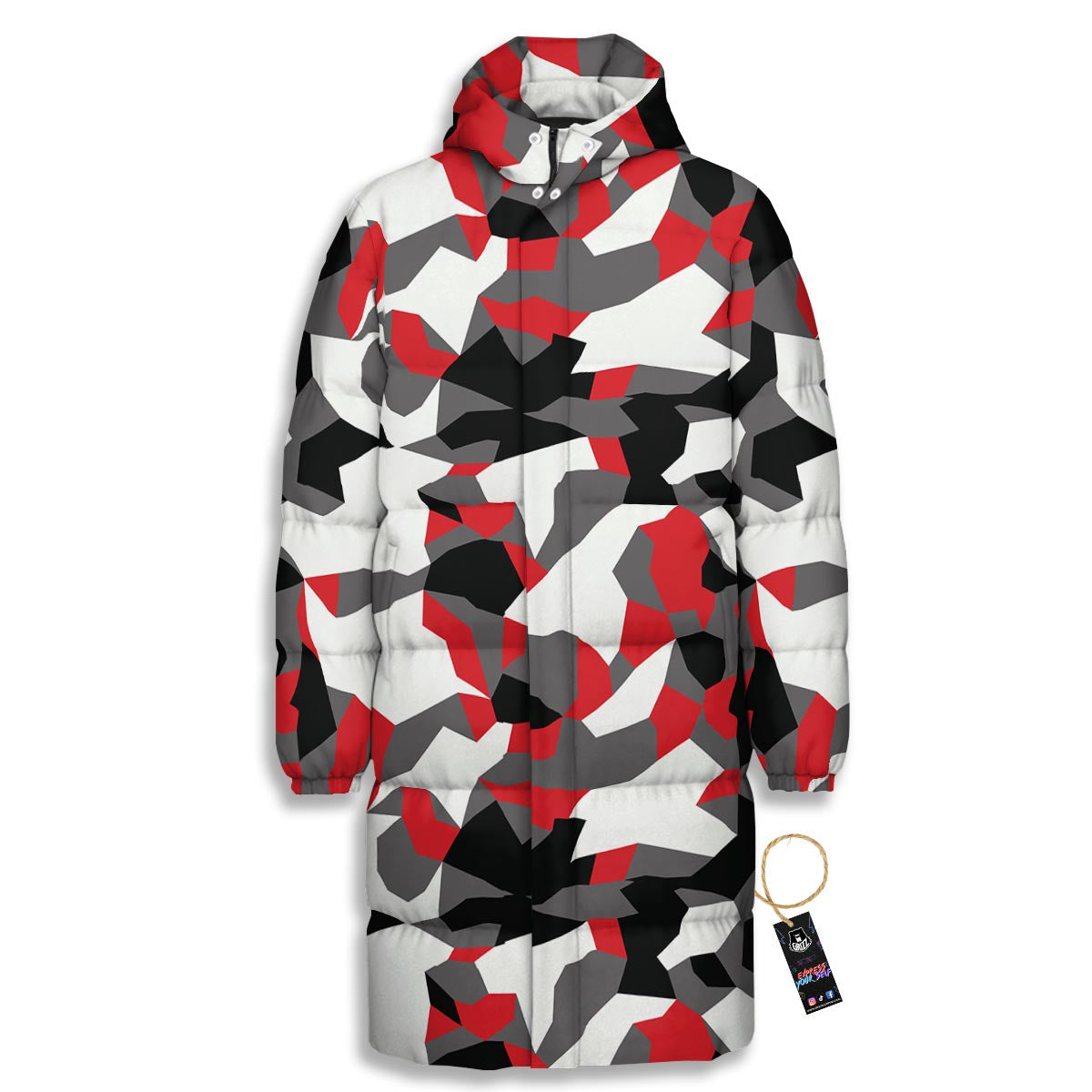 Digital Camo Grey And Red Print Pattern Long Down Jacket-grizzshop