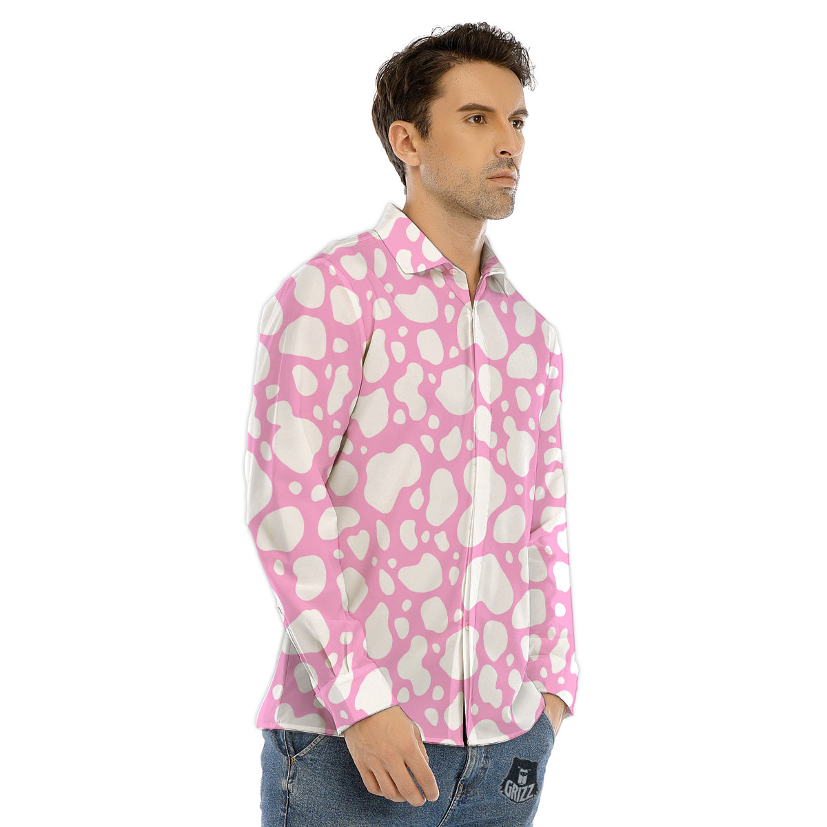 Digital Camo Grey And Red Print Pattern Men's Dress Shirts-grizzshop