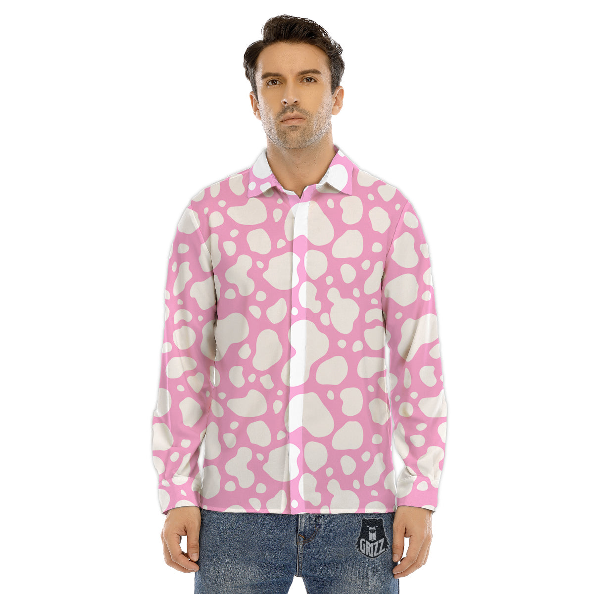Digital Camo Grey And Red Print Pattern Men's Dress Shirts-grizzshop