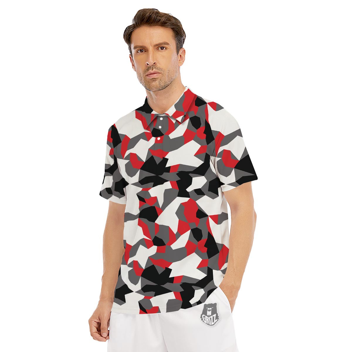 Digital Camo Grey And Red Print Pattern Men's Golf Shirts-grizzshop