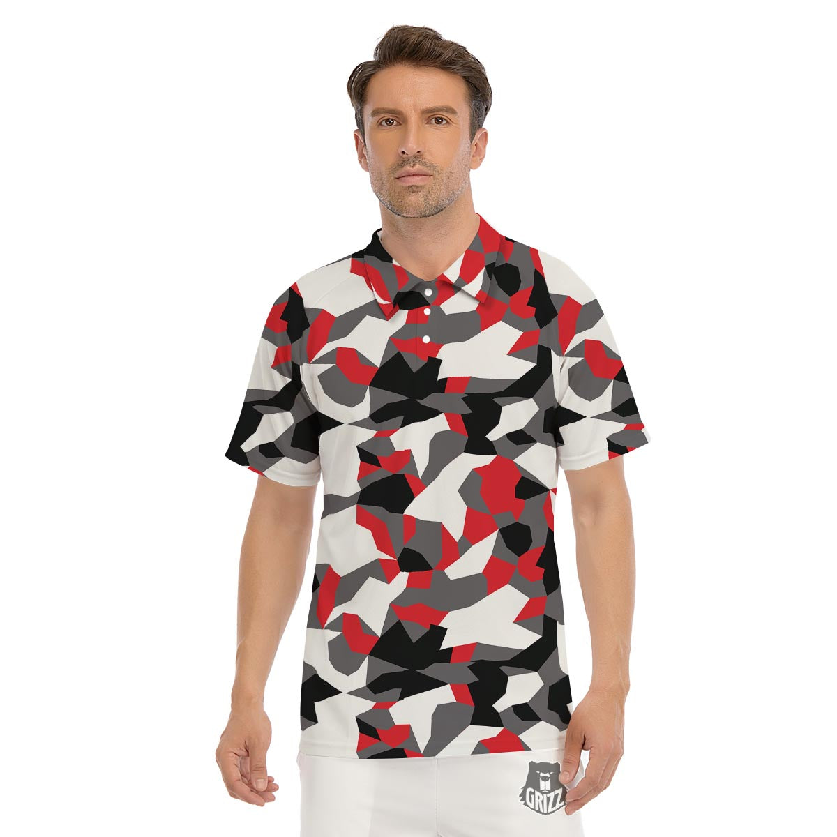 Digital Camo Grey And Red Print Pattern Men's Golf Shirts-grizzshop