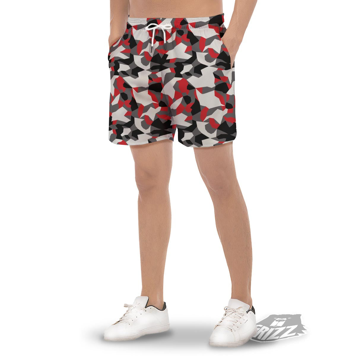 Digital Camo Grey And Red Print Pattern Men's Gym Shorts-grizzshop