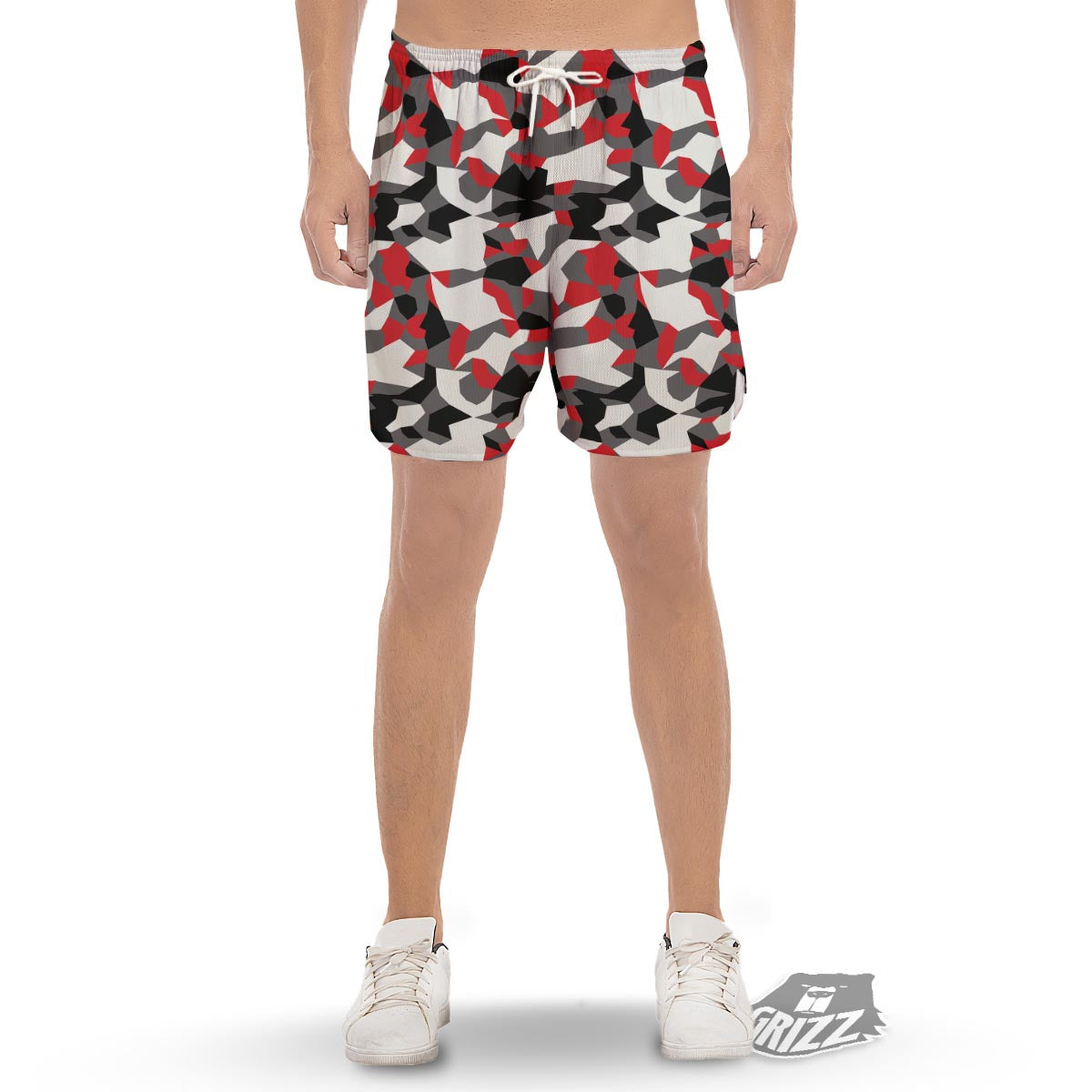 Digital Camo Grey And Red Print Pattern Men's Gym Shorts-grizzshop