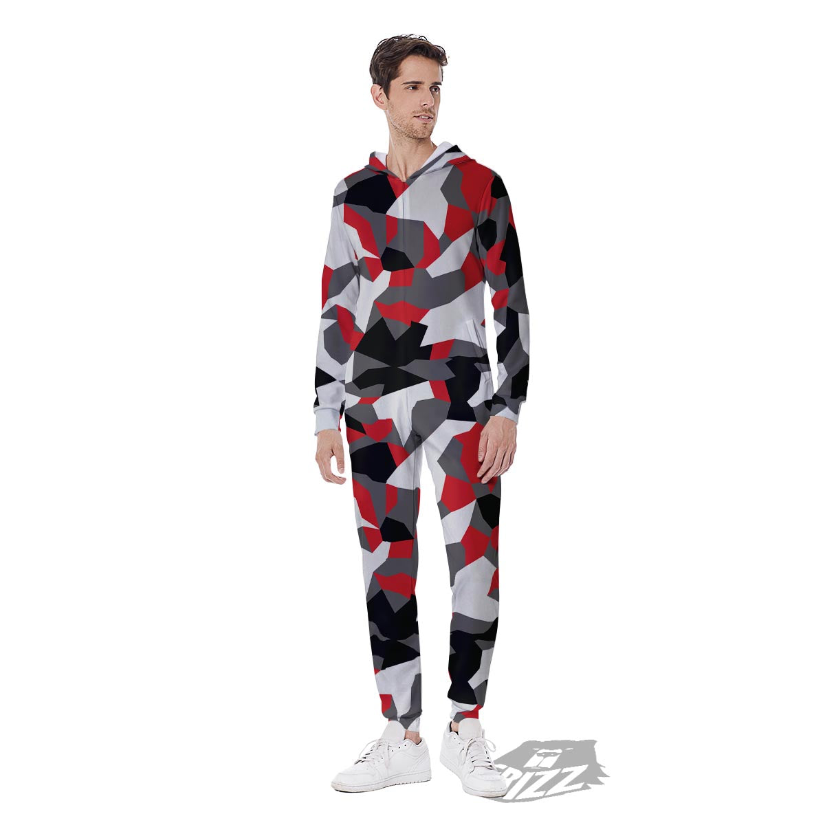 Digital Camo Grey And Red Print Pattern Men's Jumpsuit-grizzshop