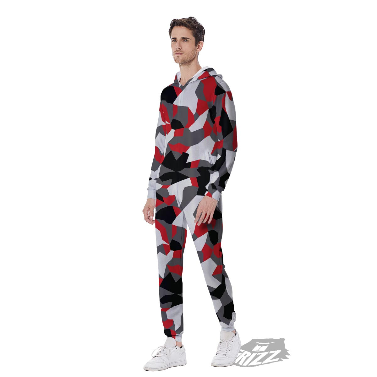 Digital Camo Grey And Red Print Pattern Men's Jumpsuit-grizzshop