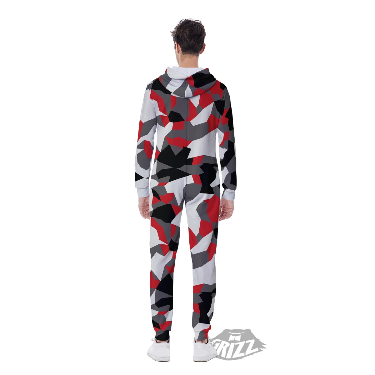 Digital Camo Grey And Red Print Pattern Men's Jumpsuit-grizzshop