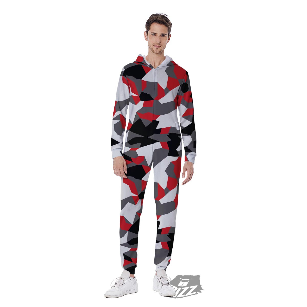 Digital Camo Grey And Red Print Pattern Men's Jumpsuit-grizzshop