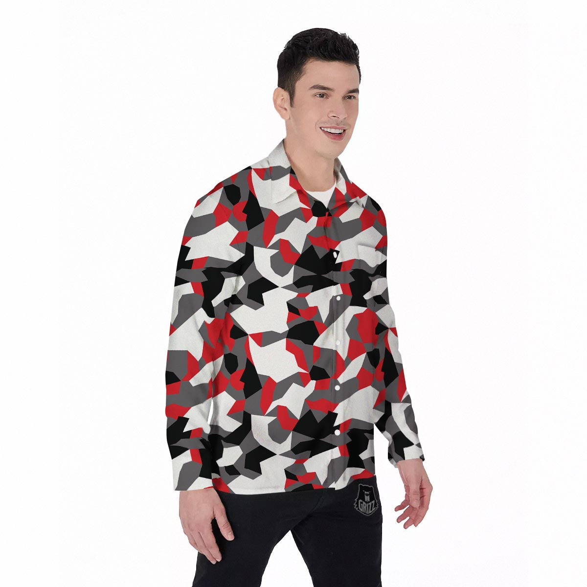 Digital Camo Grey And Red Print Pattern Men's Long Sleeve Shirts-grizzshop