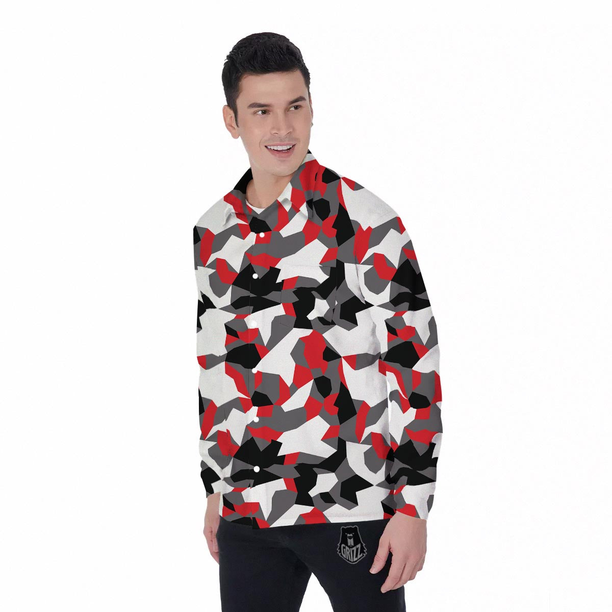 Digital Camo Grey And Red Print Pattern Men's Long Sleeve Shirts-grizzshop