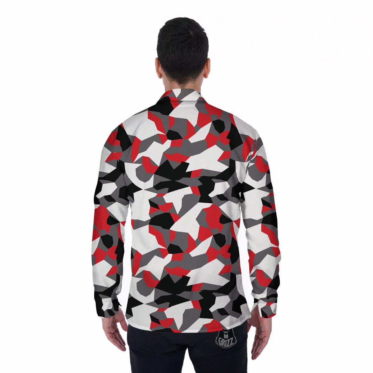 Digital Camo Grey And Red Print Pattern Men's Long Sleeve Shirts-grizzshop