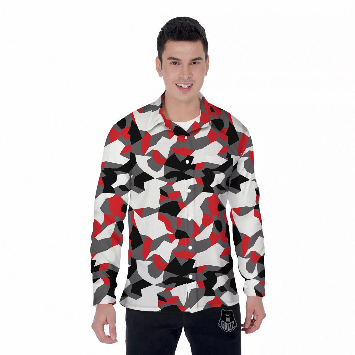 Digital Camo Grey And Red Print Pattern Men's Long Sleeve Shirts-grizzshop