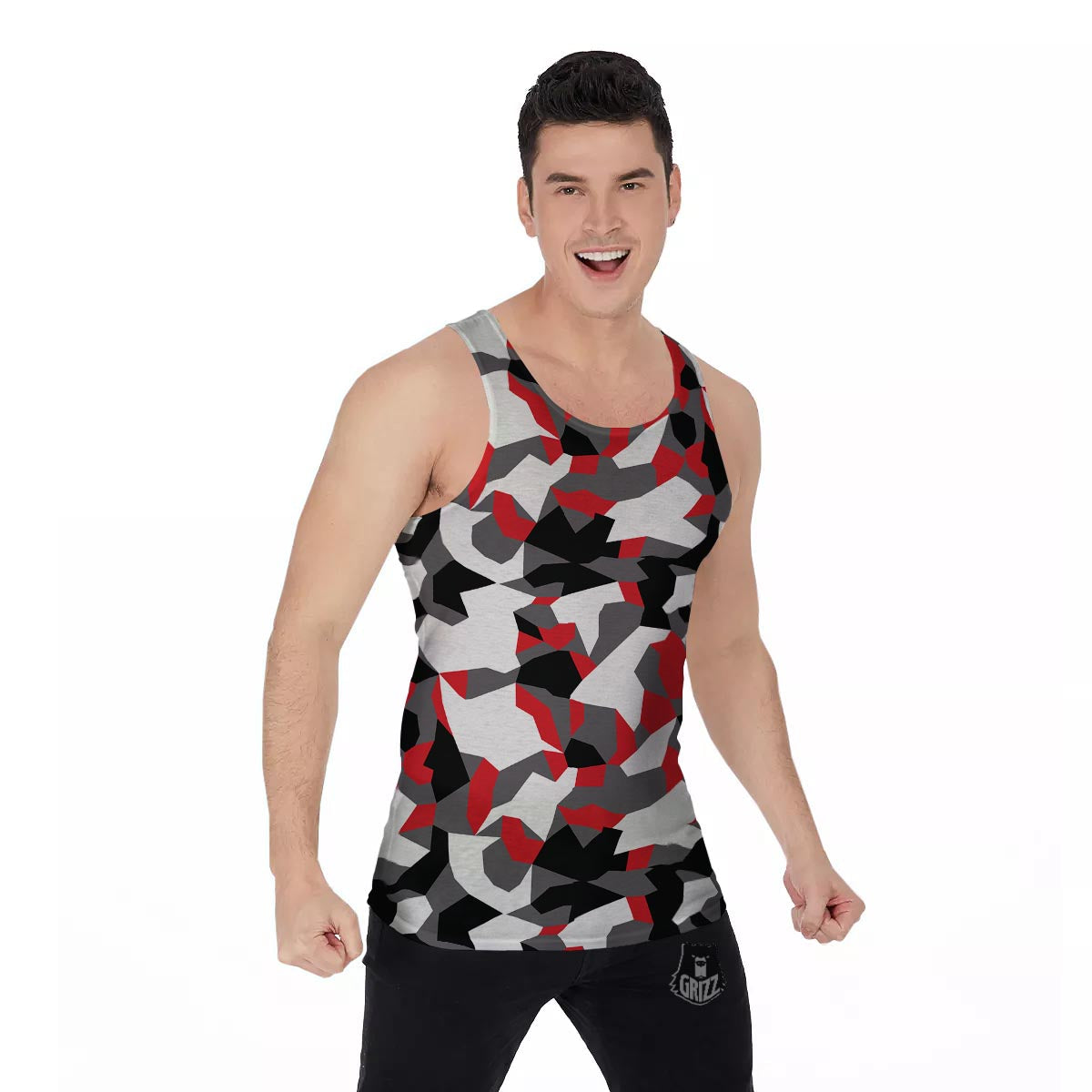 Digital Camo Grey And Red Print Pattern Men's Tank Top-grizzshop