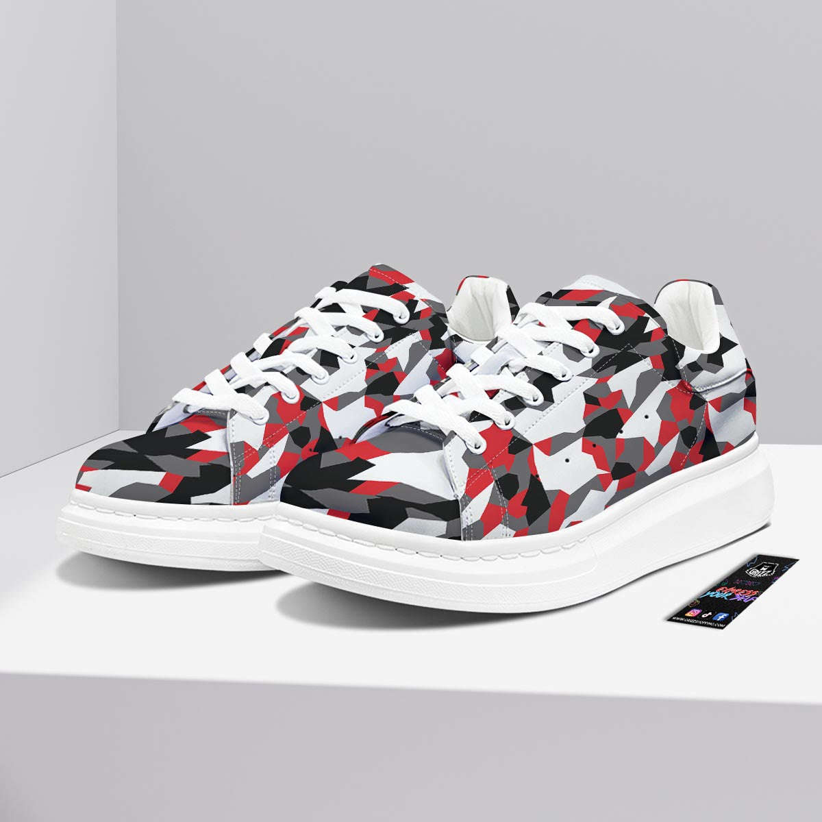 Digital Camo Grey And Red Print Pattern Platform Shoes-grizzshop