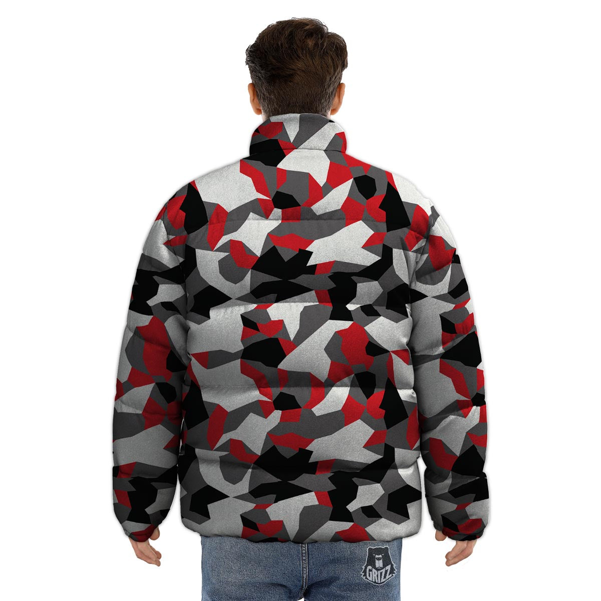 Digital Camo Grey And Red Print Pattern Puffer Jacket-grizzshop