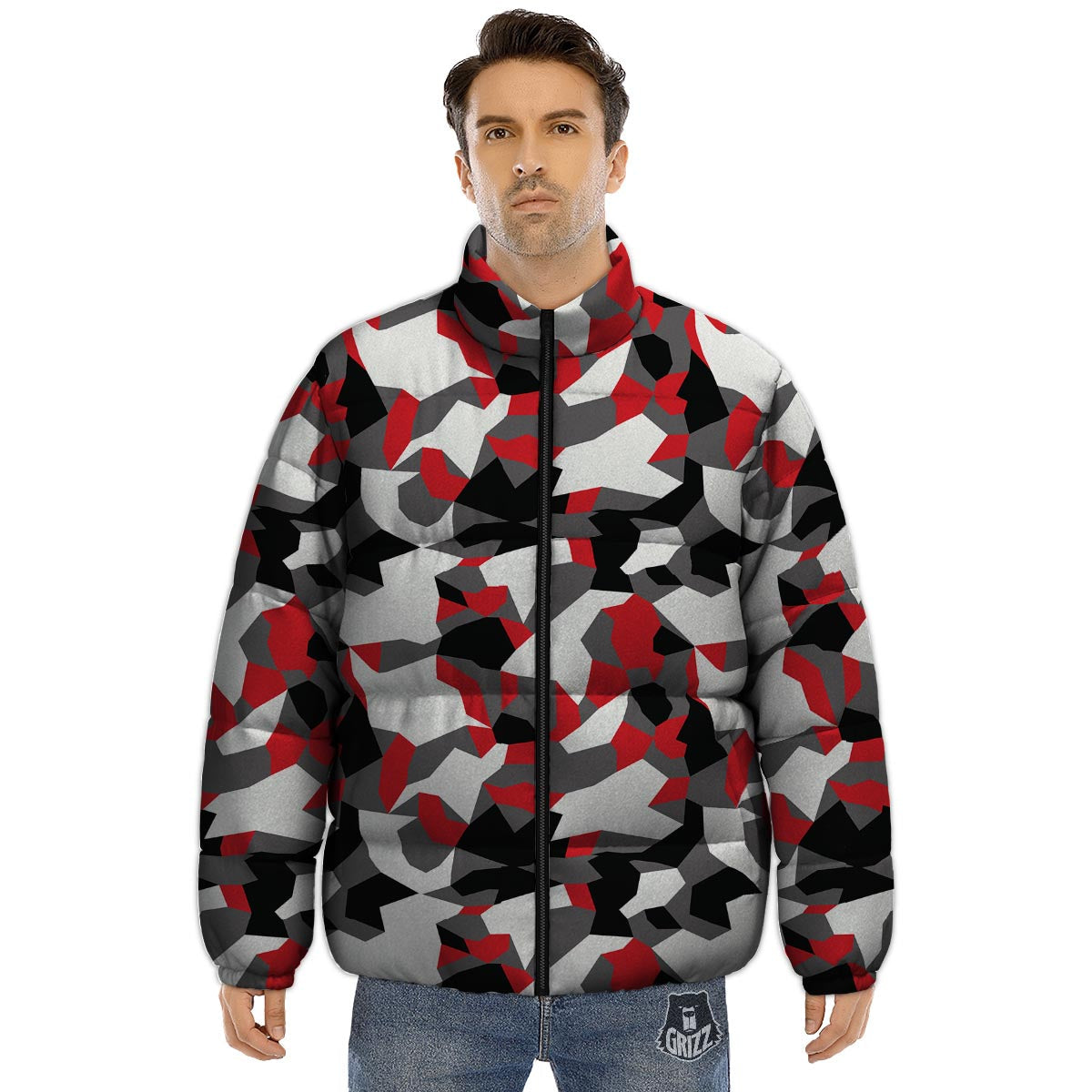 Digital Camo Grey And Red Print Pattern Puffer Jacket-grizzshop