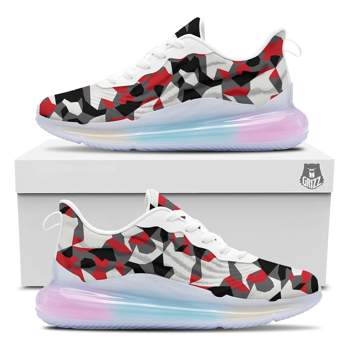 Digital Camo Grey And Red Print Pattern Running Sneakers-grizzshop